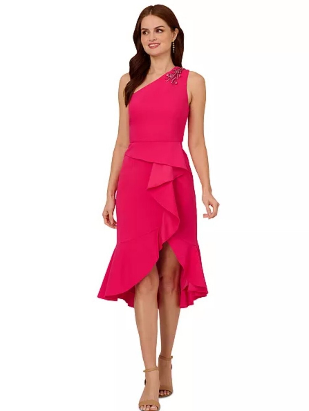 NWT Papell Studio One Shoulder Beaded Ruffle Midi Dress Pink Size 14 $189 Party